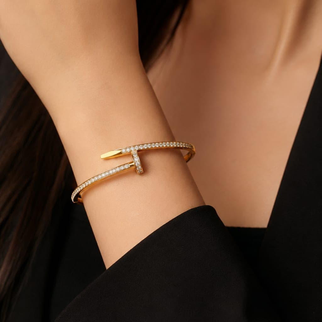 Luxury Crystal Nail Bracelet for Women – Gold Plated Stainless Steel | Waterproof & Tarnish Resistant Cuff