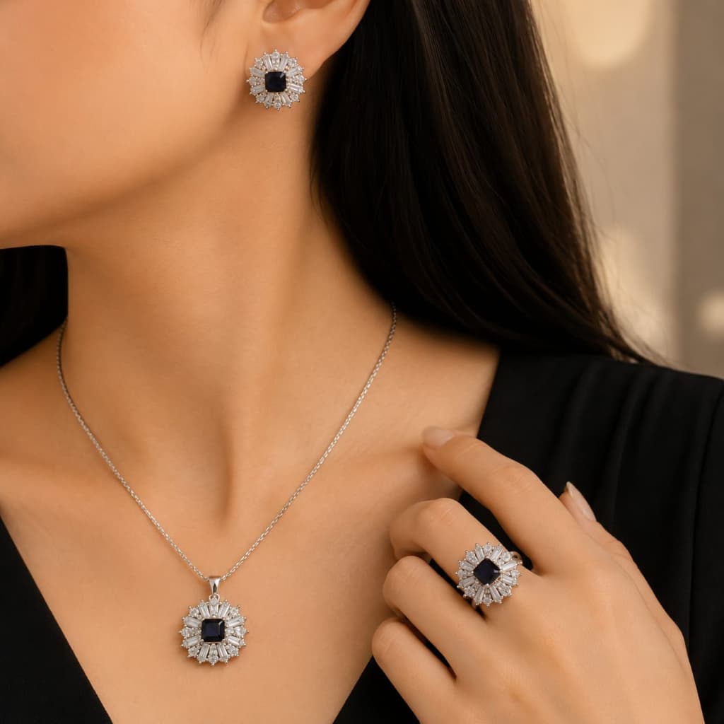 Luxury Sapphire Blue Crystal Jewelry Set – Necklace, Earrings & Ring | Silver Plated | Elegant Women's Gift Set