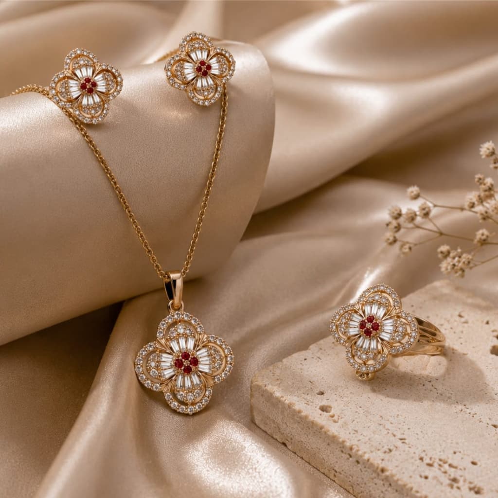 Luxury Floral Gold Jewelry Set – Necklace, Earrings & Ring | Waterproof Stainless Steel | Tarnish Resistant