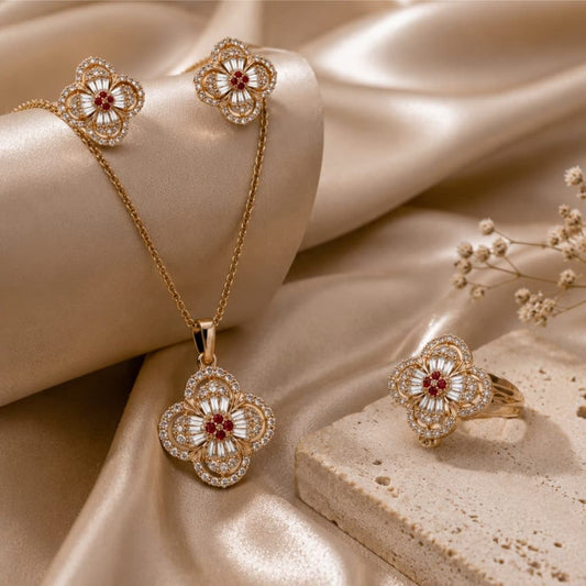 Luxury Floral Gold Jewelry Set – Necklace, Earrings & Ring | Waterproof Stainless Steel | Tarnish Resistant
