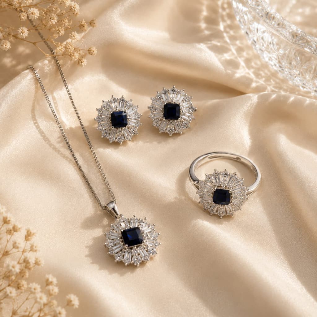 Luxury Sapphire Blue Crystal Jewelry Set – Necklace, Earrings & Ring | Silver Plated | Elegant Women's Gift Set