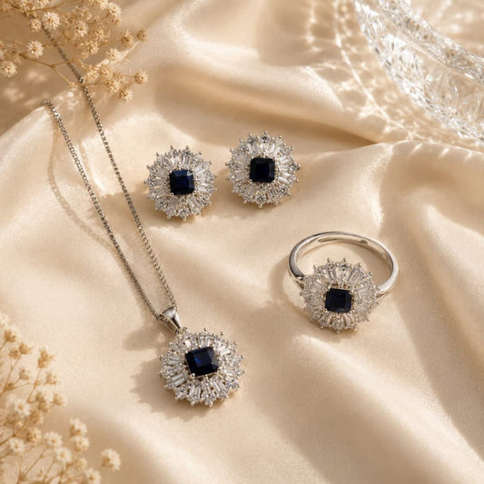 Luxury Sapphire Blue Crystal Jewelry Set – Necklace, Earrings & Ring | Silver Plated | Elegant Women's Gift Set
