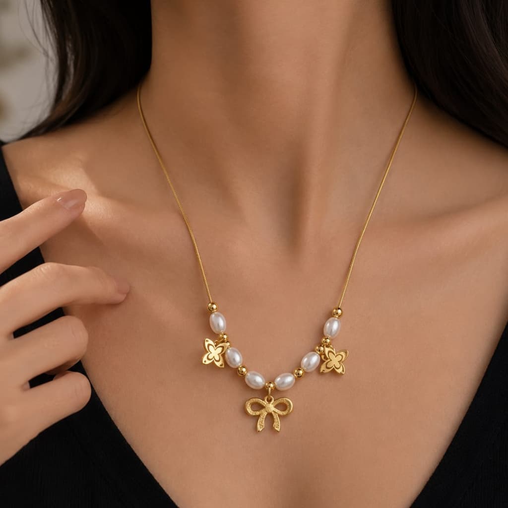 Pearl Blossom Bow Necklace –Stainless Steel | Waterproof & Tarnish Resistant