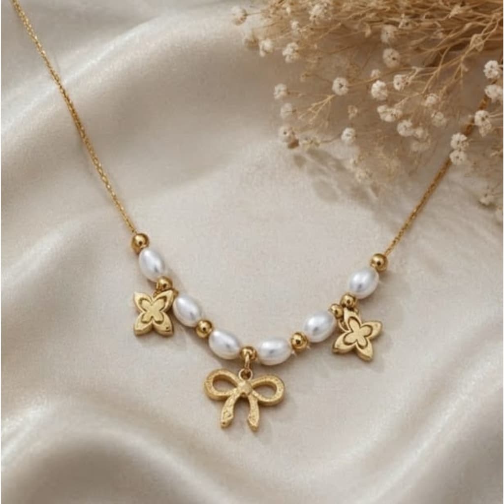 Pearl Blossom Bow Necklace –Stainless Steel | Waterproof & Tarnish Resistant