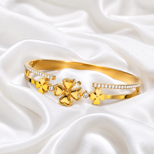 Four Leaf Clover Gold Cuff Bracelet – Crystal Open Bangle