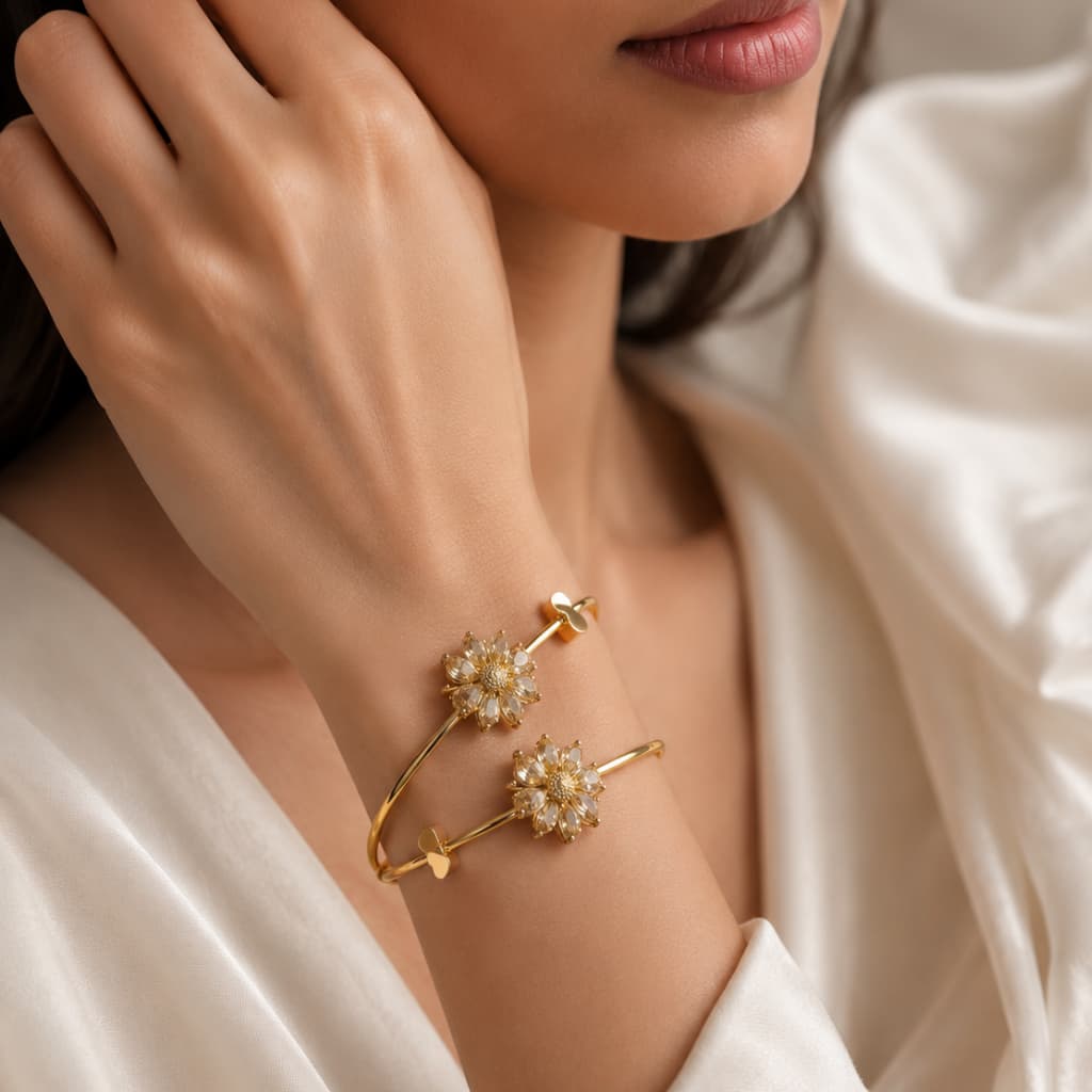 Luxury Floral Crystal Adjustable Golden Bracelet for Women | Stainless Steel Cuff Bracelet | Elegant Flower Bangle