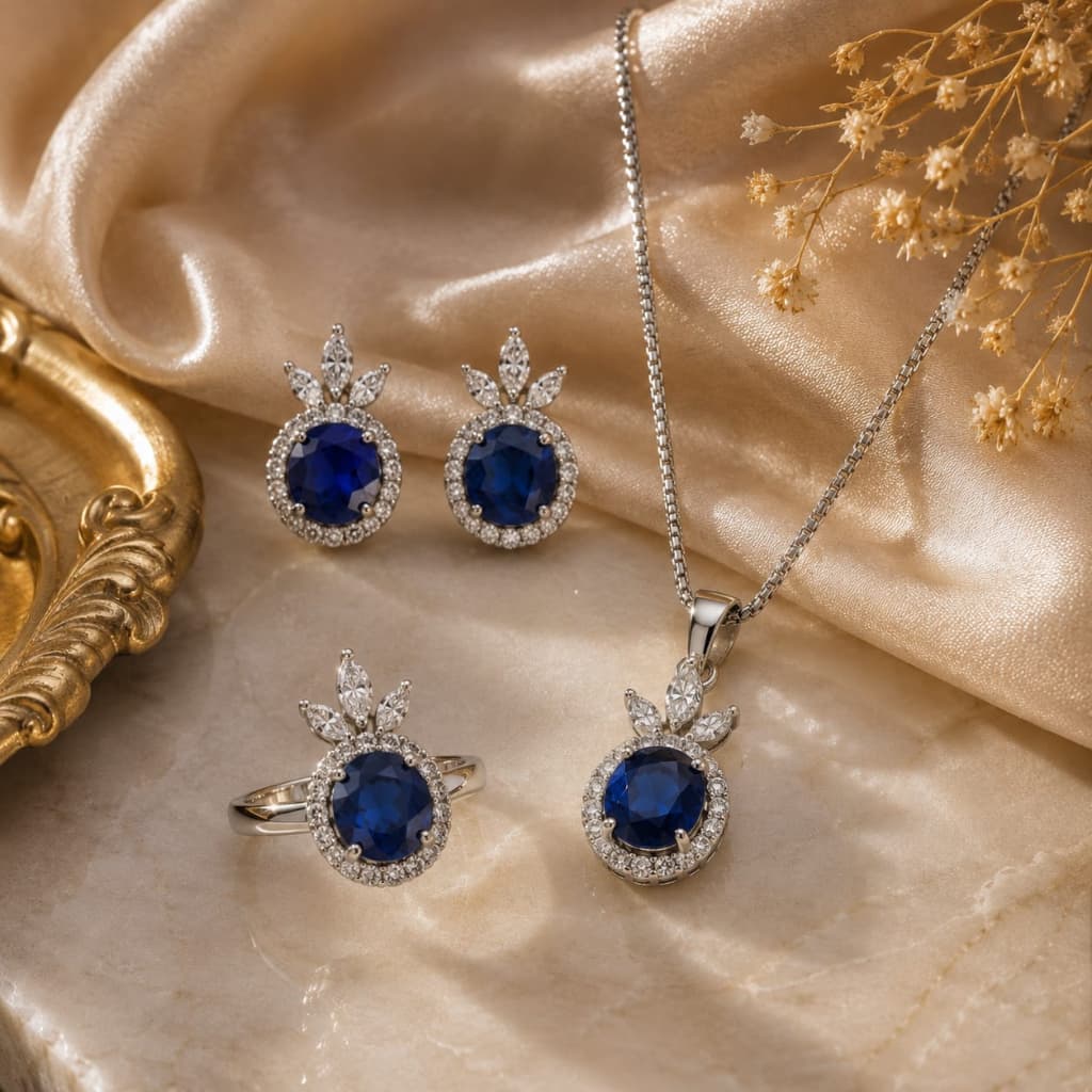 Royal Sapphire Blue Stone Jewelry Set for Women – Necklace, Earrings & Ring(adjustable) | Premium Stainless Steel Gift Set