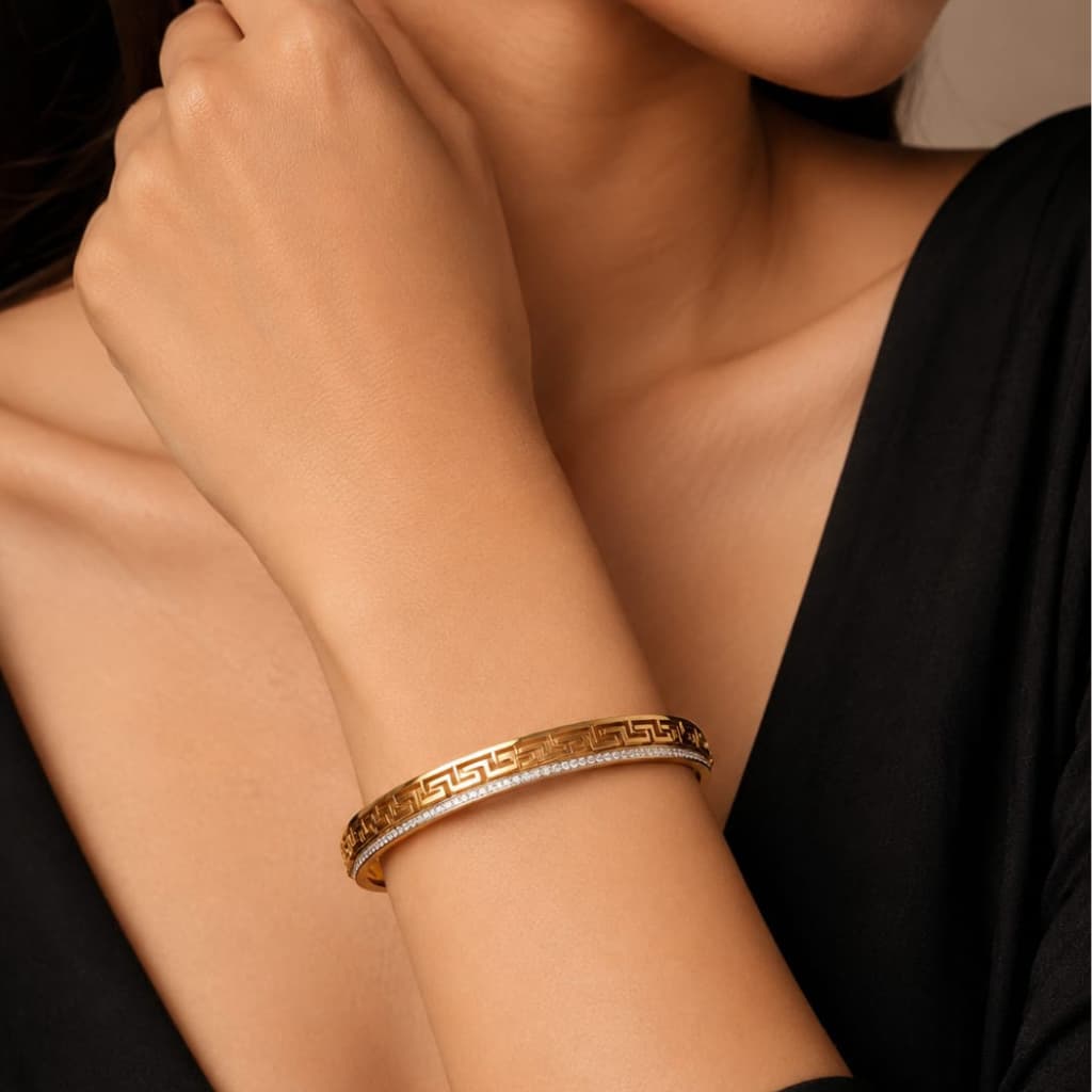 Luxury Greek Pattern Gold Cuff Bracelet for Women – Stainless Steel | Waterproof & Tarnish Resistant | Premium Bangle
