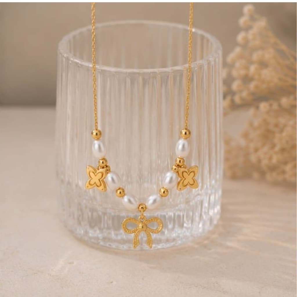 Pearl Blossom Bow Necklace –Stainless Steel | Waterproof & Tarnish Resistant