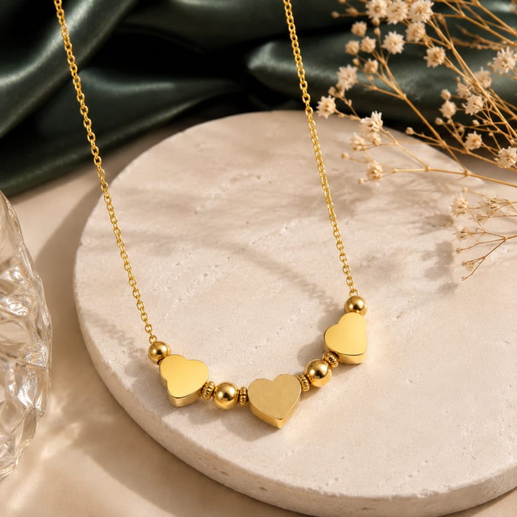Three Hearts Pendant Necklace – Stainless Steel | Waterproof & Tarnish Resistant | Amirah