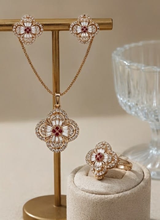 Luxury Floral Gold Jewelry Set – Necklace, Earrings & Ring | Waterproof Stainless Steel | Tarnish Resistant