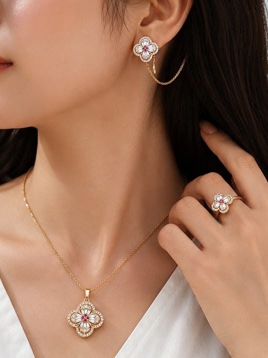 Luxury Floral Gold Jewelry Set – Necklace, Earrings & Ring | Waterproof Stainless Steel | Tarnish Resistant