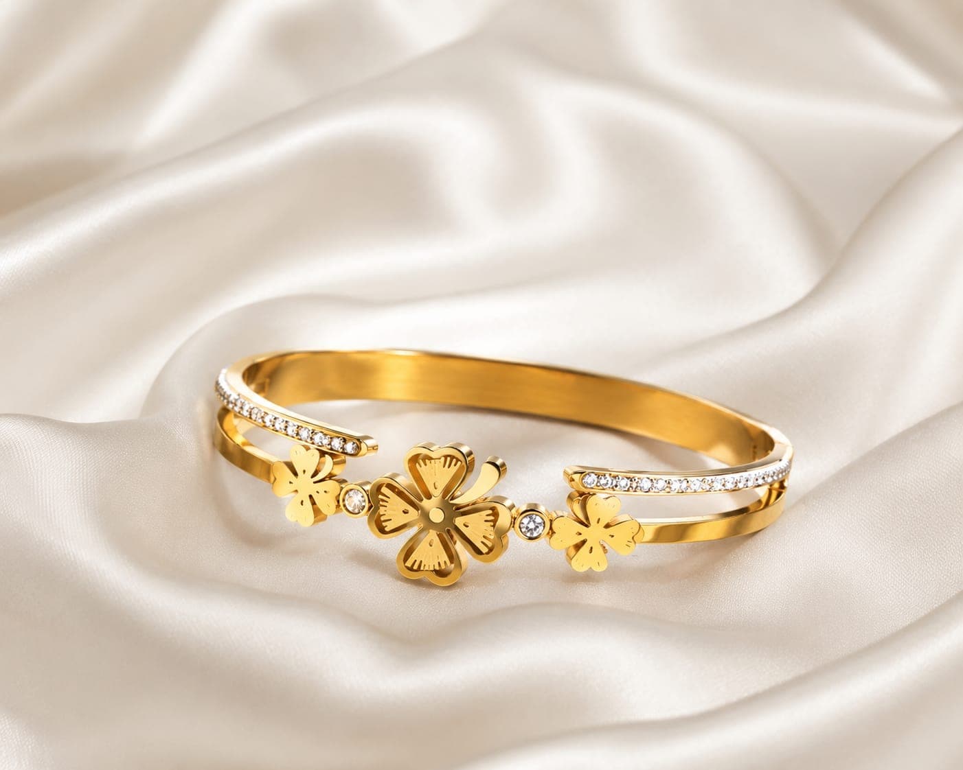 Luxury Four Leaf Clover Gold Cuff Bracelet for Women | Stainless Steel Crystal Open Bangle